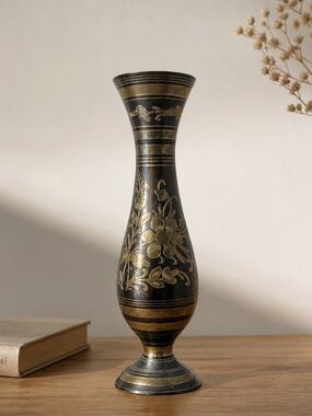 Vintage Brass Etched Vase – Floral Design